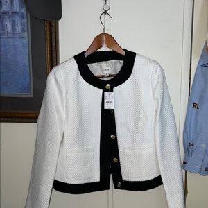 J. Crew Women's White Blazer with Black Trim and Gold Buttons